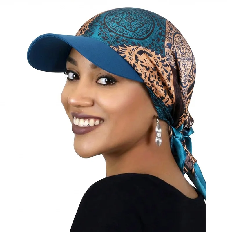 New Women Fashion Printed Satin Headscarf Hat with Brim Sun Hats Summer Soft Breathable Headscarf Caps Baseball Cap