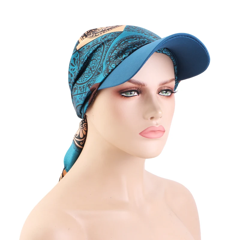 New Women Fashion Printed Satin Headscarf Hat with Brim Sun Hats Summer Soft Breathable Headscarf Caps Baseball Cap