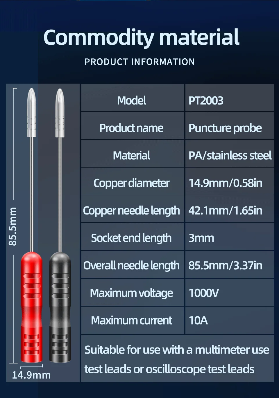 1000V/10A Pen Extension Needle Tip Multimeter Wire ANENG PT2003 1 Pair Probe Tip Test Fine Tip Bendable Probe Detachable Tools