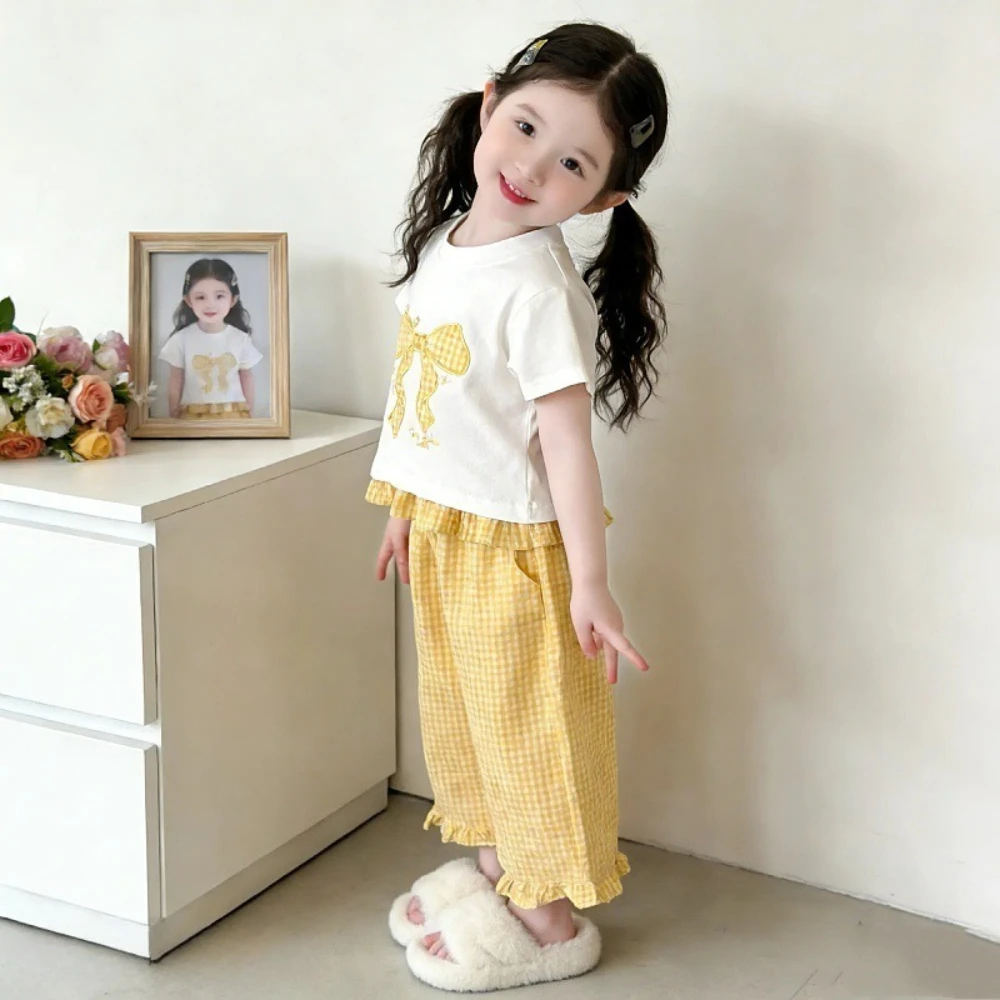 Sweet and Cute Bow Print T-shirt+checkered Wide Leg Pants Two-piece Set Korean Version 3-7 Year Old Girl Casual Suit Summer New