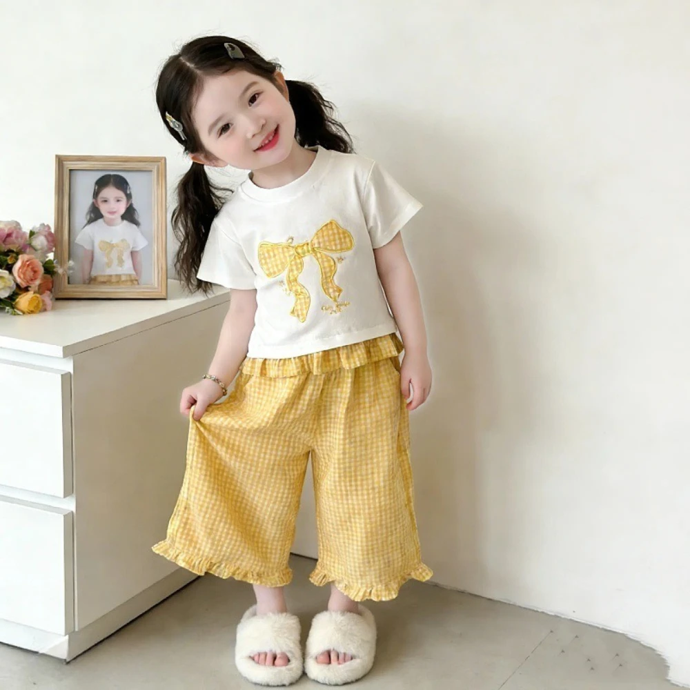 Sweet and Cute Bow Print T-shirt+checkered Wide Leg Pants Two-piece Set Korean Version 3-7 Year Old Girl Casual Suit Summer New
