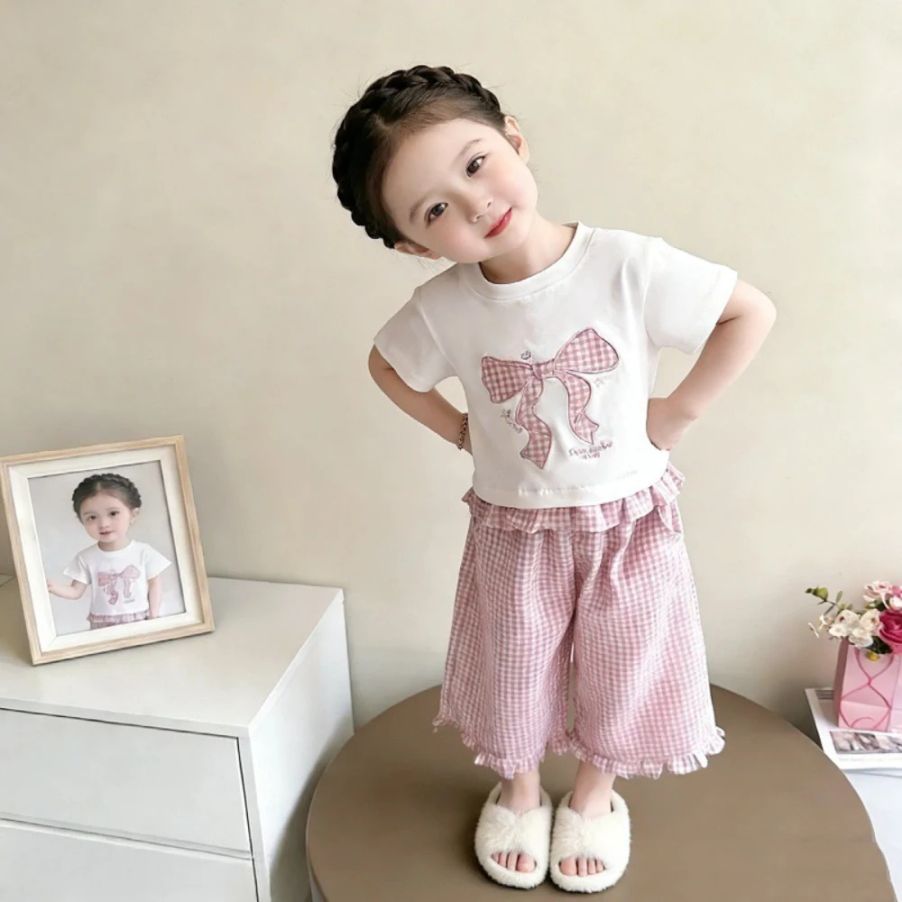 Sweet and Cute Bow Print T-shirt+checkered Wide Leg Pants Two-piece Set Korean Version 3-7 Year Old Girl Casual Suit Summer New