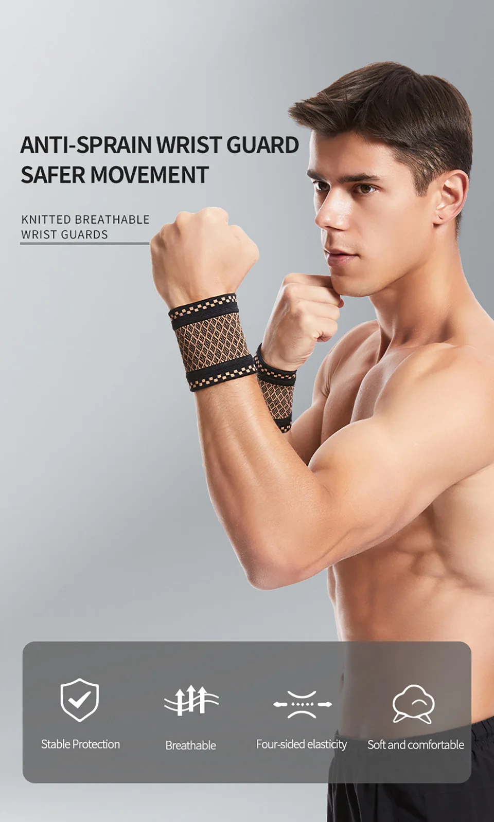 1Pair Copper Fiber Sports Wrist Support Sweat-Absorbent Breathable Knitted Nylon Wrist Brace Outdoor Sports Badminton Men Women
