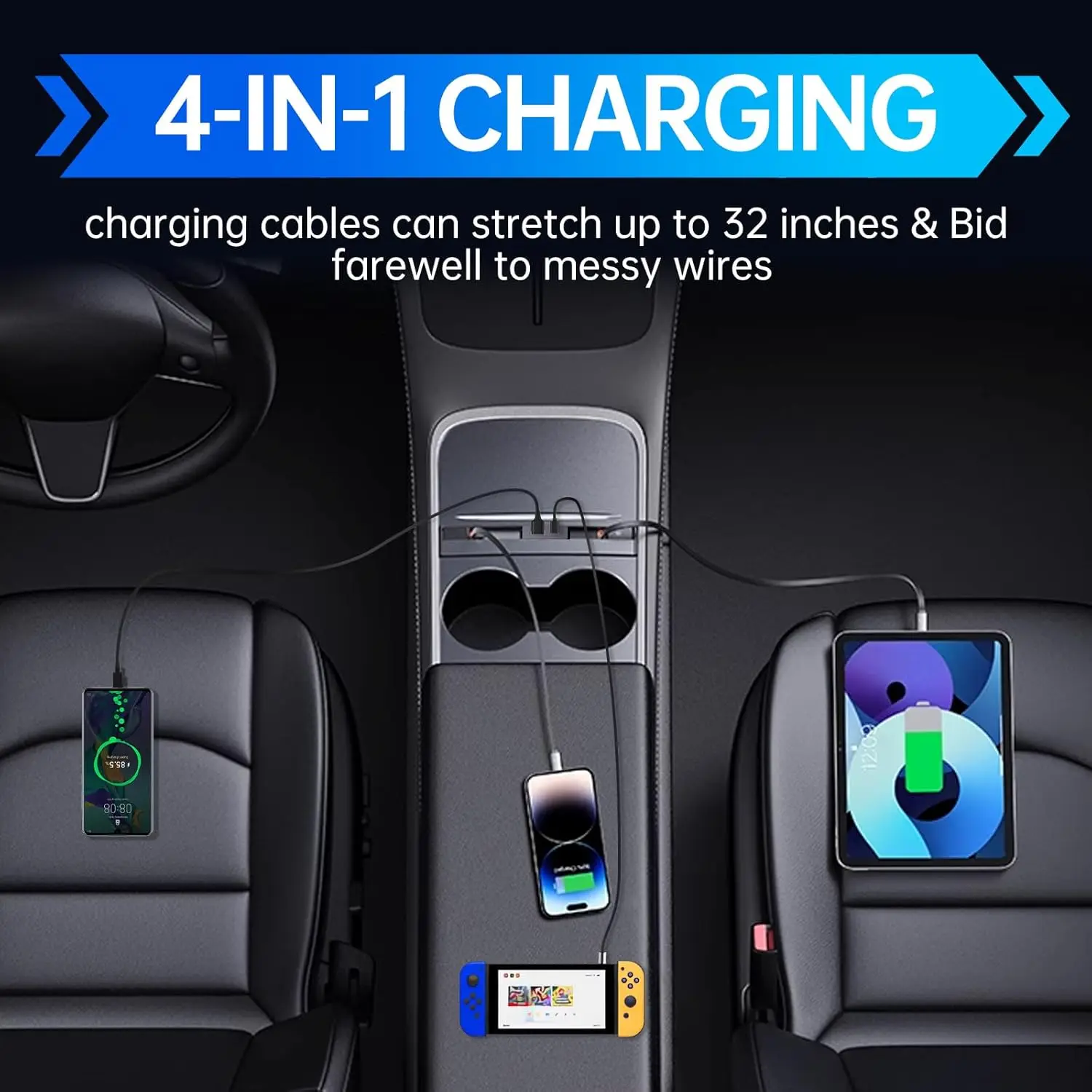 USB Hub for Tesla Model Y 2020-2024 Model 3 2020-2023 with Sliding Cover Multi Ports Fast Charger with Retractable Cables Waterp