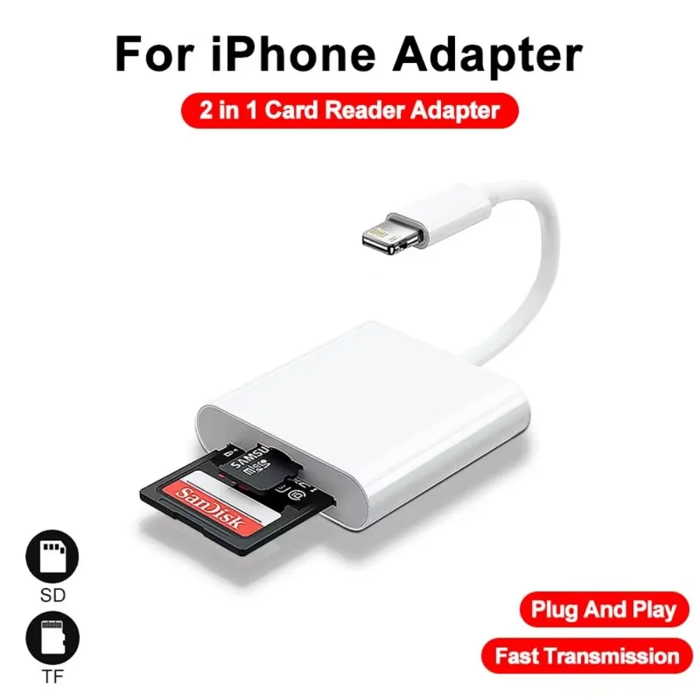 2-in-1 Lightning to SD TF Card Reader for iPhone iPad, Camera Photo Video Transfer Adapter, No App Required, Plug and Play