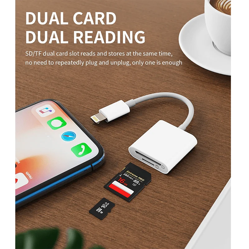 2-in-1 Lightning to SD TF Card Reader for iPhone iPad, Camera Photo Video Transfer Adapter, No App Required, Plug and Play