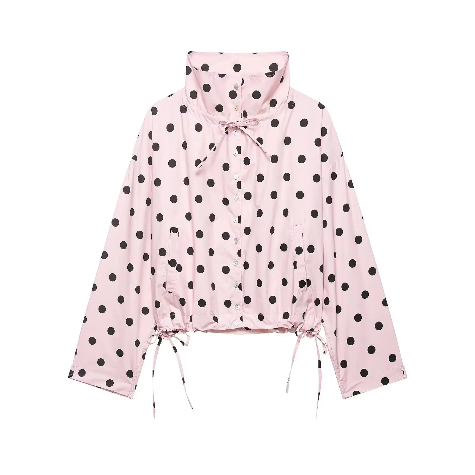 HH Women Elegant Fashion Polka Dot Pink Jacket Single Breasted High Collar Drawstring Coat Spring Lady Trend Street Outwear
