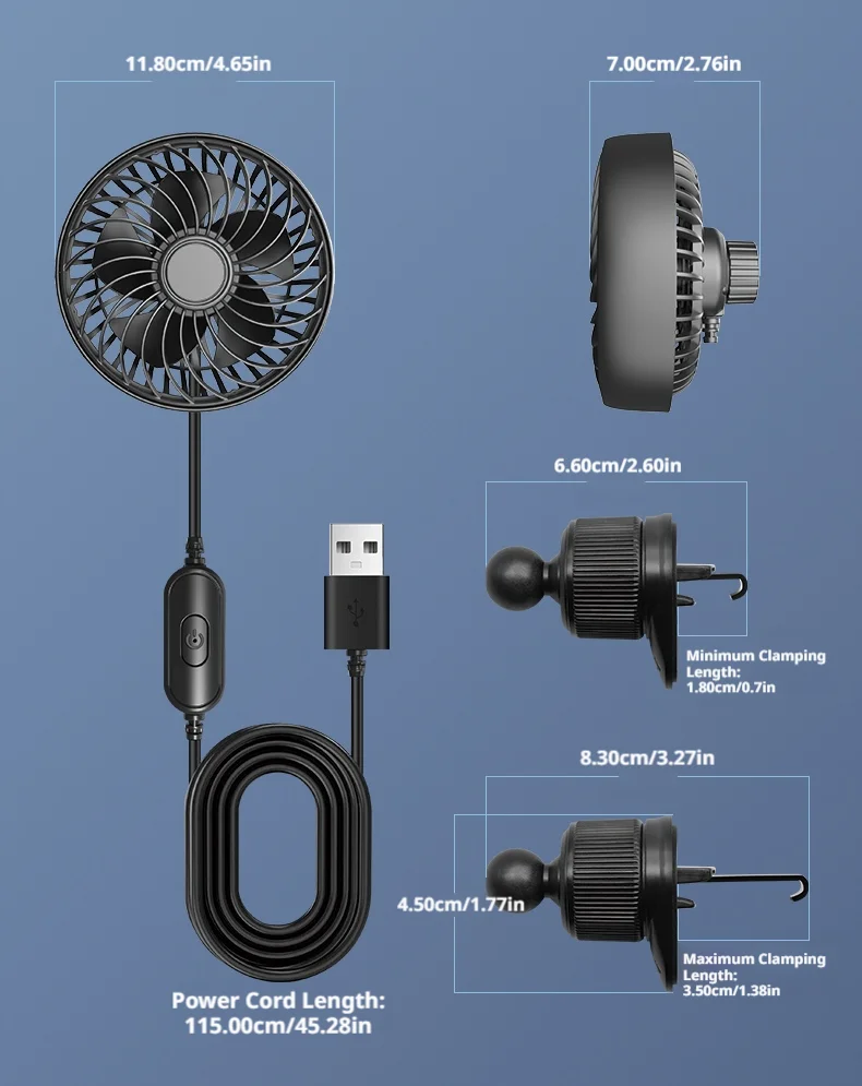 SEAMETAL 3 Speed 5V 1A Car USB Cooling Fan 360 Degree Adjustable Air Outlet Car Fan 5-Blade Low Noise for Car Truck SUV Sedan