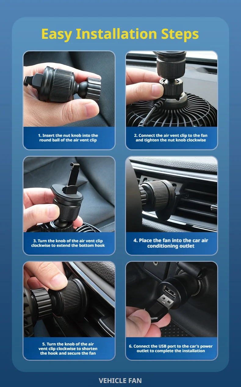 SEAMETAL 3 Speed 5V 1A Car USB Cooling Fan 360 Degree Adjustable Air Outlet Car Fan 5-Blade Low Noise for Car Truck SUV Sedan