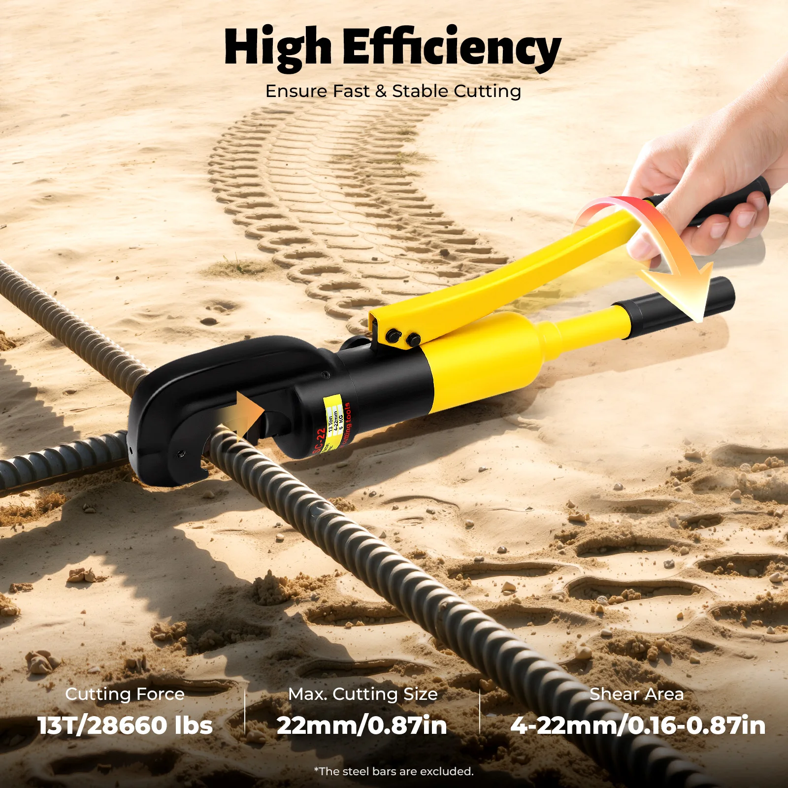 4-22mm Hydraulic Rebar Cutter Rebar Cutting Tool 13Ton/28660 Lbs C-Shaped Head for Easy Mold Change and Steel