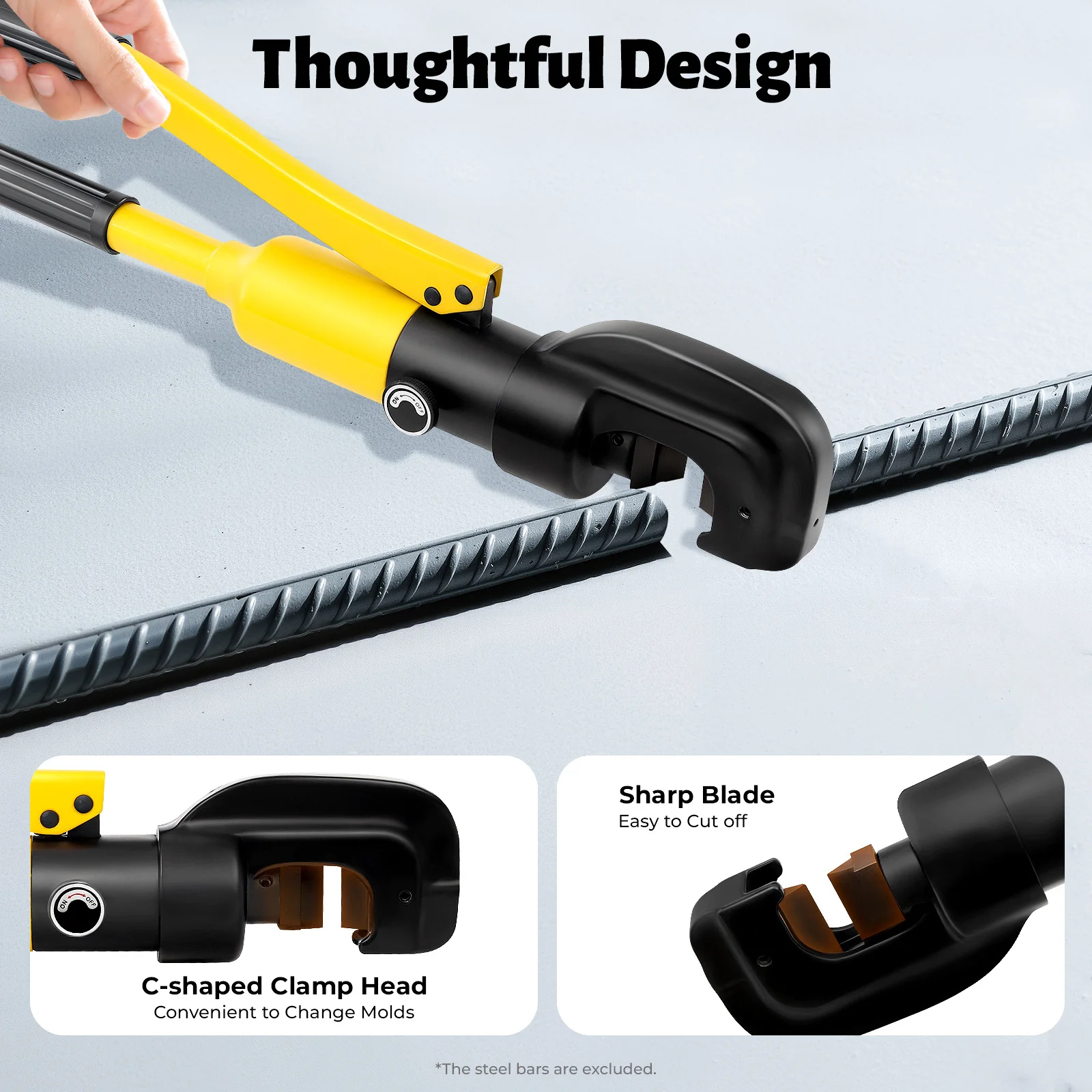 4-22mm Hydraulic Rebar Cutter Rebar Cutting Tool 13Ton/28660 Lbs C-Shaped Head for Easy Mold Change and Steel