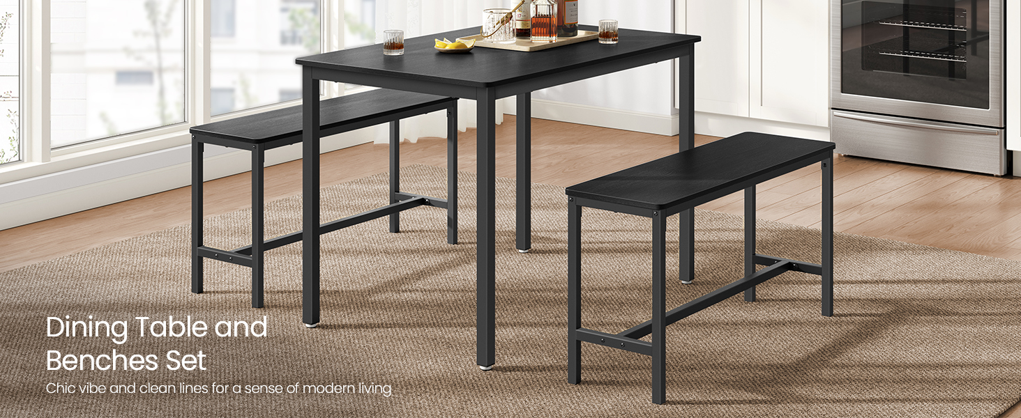 VASAGLE Dining Table with 2 Benches, 3 Piece Set, Kitchen Table of 70 x 110 x 75 cm, 2 Benches of 30 x 97 x 50 cm Each