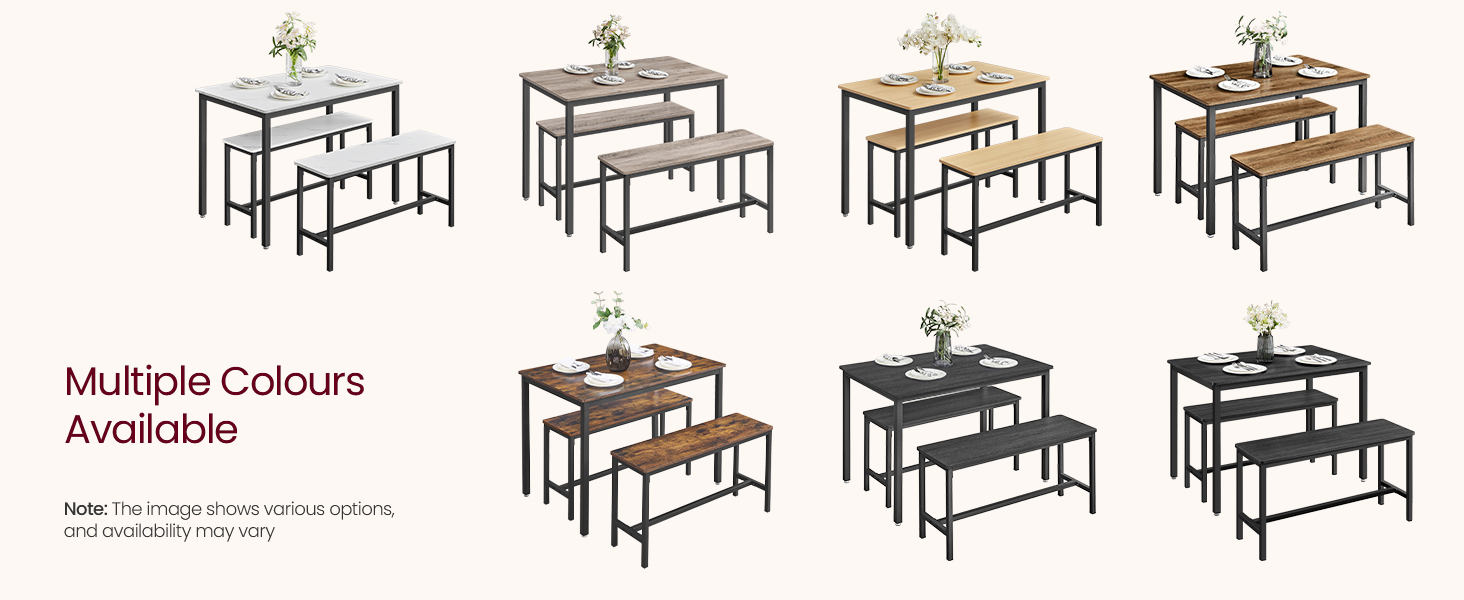 VASAGLE Dining Table with 2 Benches, 3 Piece Set, Kitchen Table of 70 x 110 x 75 cm, 2 Benches of 30 x 97 x 50 cm Each