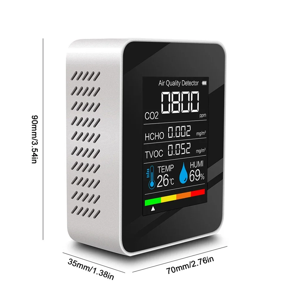 2026 5-in-1 Dioxide Detector Formaldehyde/TVOC/CO₂/Temperature/Humidity Air Quality Monitor Audible and Visual Alarm Function