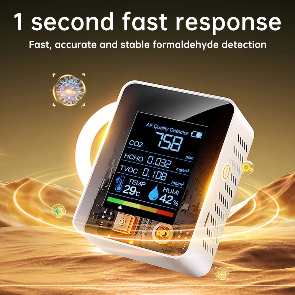 2026 5-in-1 Dioxide Detector Formaldehyde/TVOC/CO₂/Temperature/Humidity Air Quality Monitor Audible and Visual Alarm Function