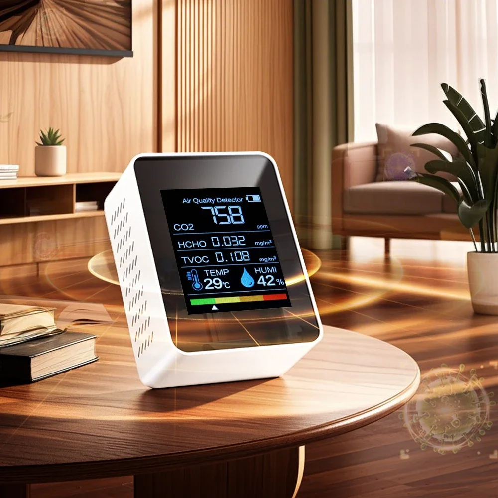 2026 5-in-1 Dioxide Detector Formaldehyde/TVOC/CO₂/Temperature/Humidity Air Quality Monitor Audible and Visual Alarm Function