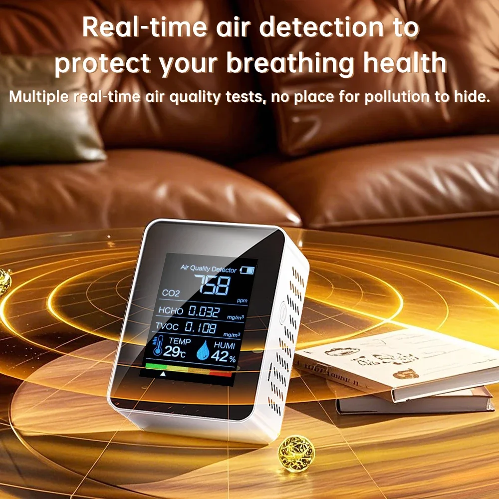 2026 5-in-1 Dioxide Detector Formaldehyde/TVOC/CO₂/Temperature/Humidity Air Quality Monitor Audible and Visual Alarm Function