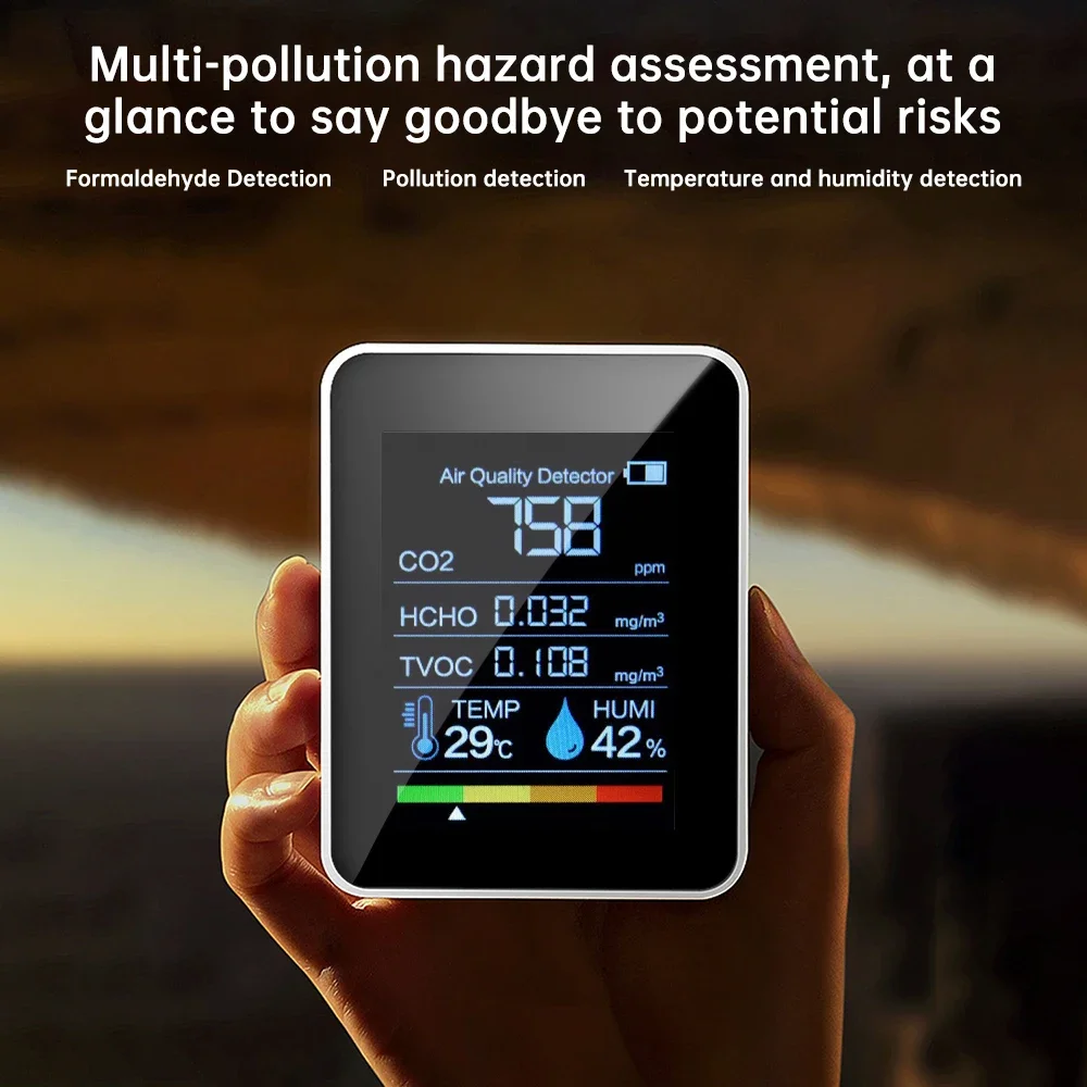 2026 5-in-1 Dioxide Detector Formaldehyde/TVOC/CO₂/Temperature/Humidity Air Quality Monitor Audible and Visual Alarm Function