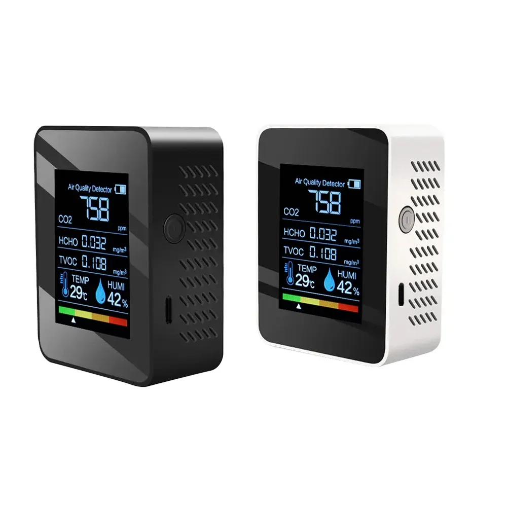 2026 5-in-1 Dioxide Detector Formaldehyde/TVOC/CO₂/Temperature/Humidity Air Quality Monitor Audible and Visual Alarm Function