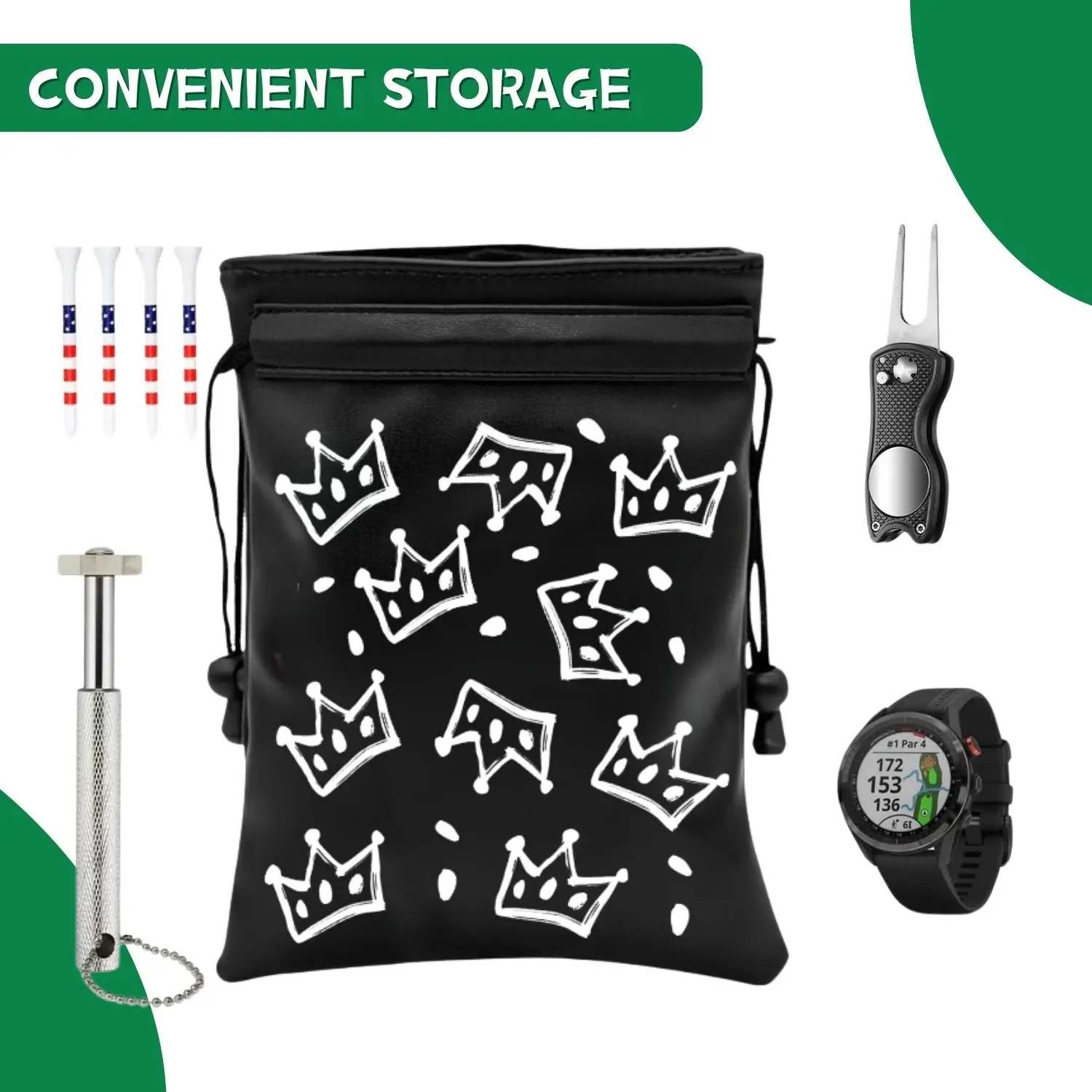 Crown Golf Valuable Item Bag, Funny Golf Valuables Pouch Golf Tee Pattern, PU Leather Golf Tee Pouch with Drawstring Closure