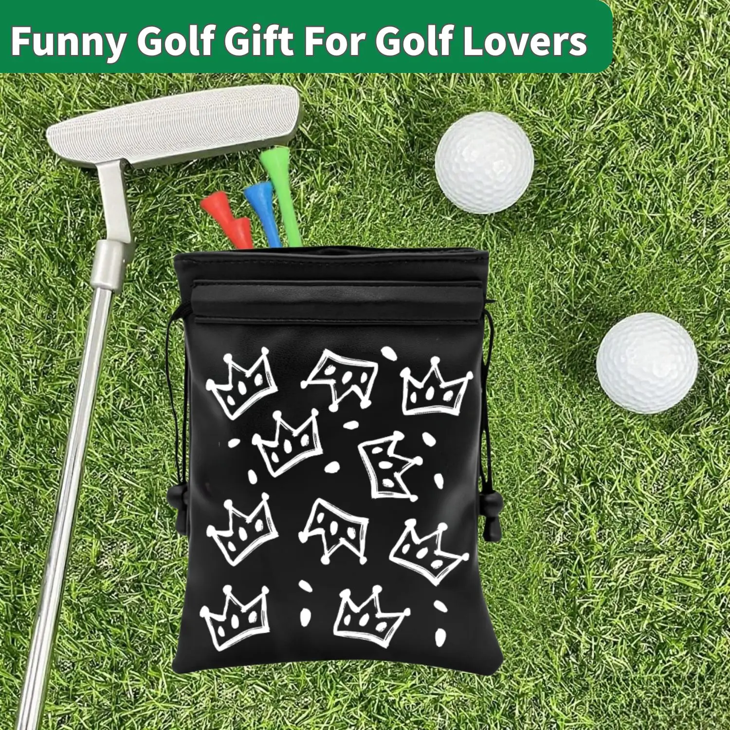 Crown Golf Valuable Item Bag, Funny Golf Valuables Pouch Golf Tee Pattern, PU Leather Golf Tee Pouch with Drawstring Closure