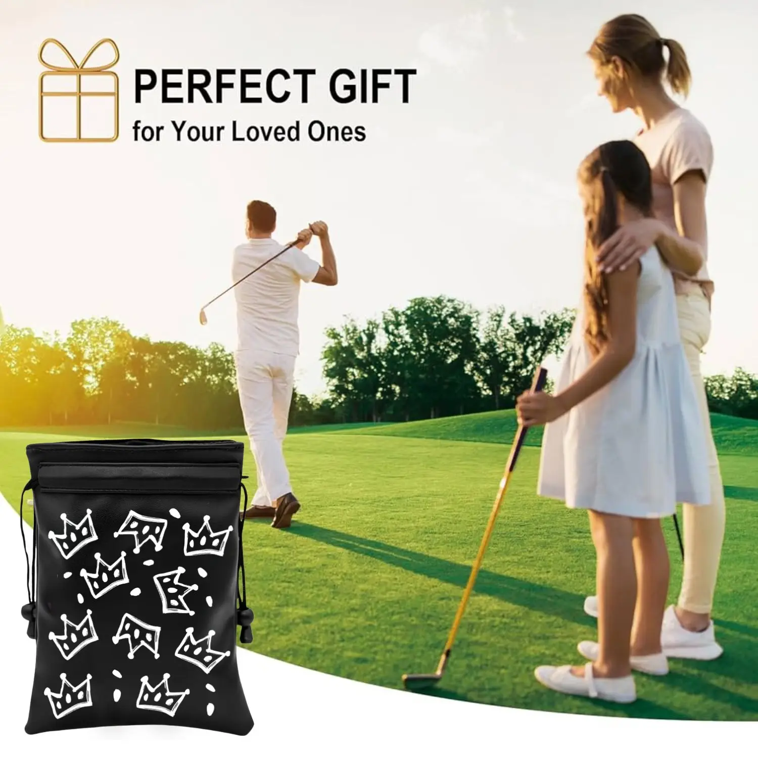 Crown Golf Valuable Item Bag, Funny Golf Valuables Pouch Golf Tee Pattern, PU Leather Golf Tee Pouch with Drawstring Closure
