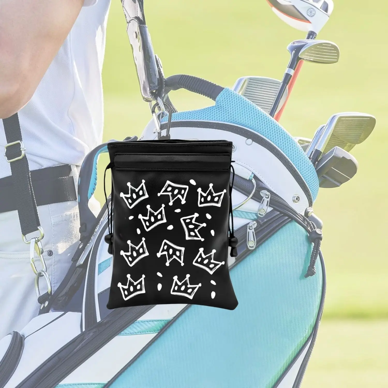 Crown Golf Valuable Item Bag, Funny Golf Valuables Pouch Golf Tee Pattern, PU Leather Golf Tee Pouch with Drawstring Closure