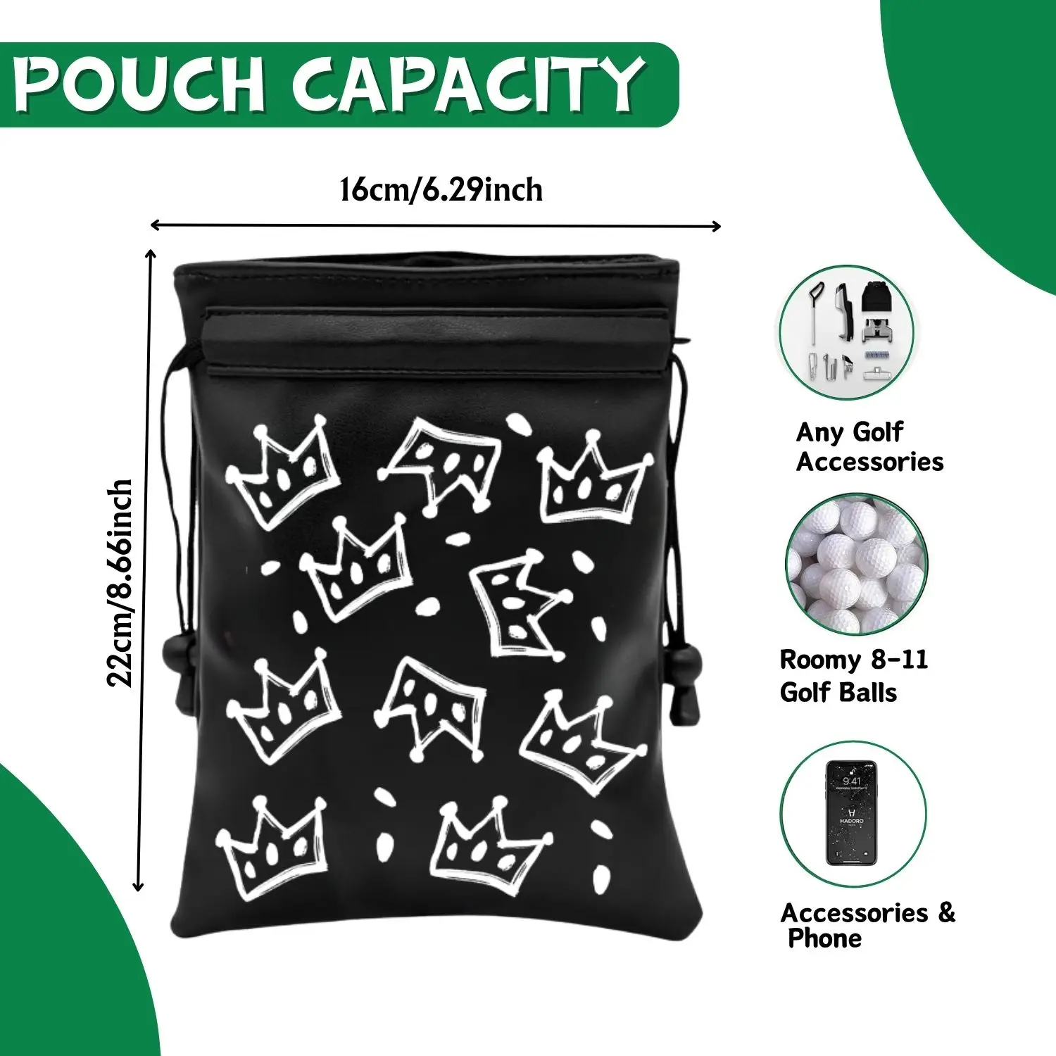 Crown Golf Valuable Item Bag, Funny Golf Valuables Pouch Golf Tee Pattern, PU Leather Golf Tee Pouch with Drawstring Closure