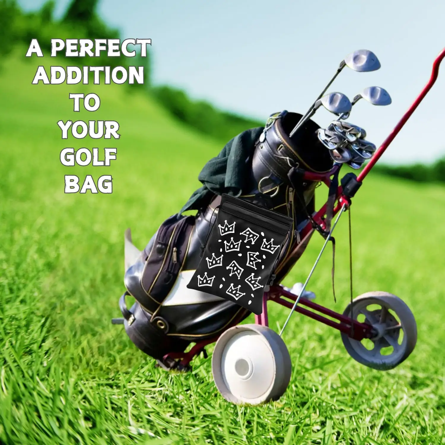 Crown Golf Valuable Item Bag, Funny Golf Valuables Pouch Golf Tee Pattern, PU Leather Golf Tee Pouch with Drawstring Closure