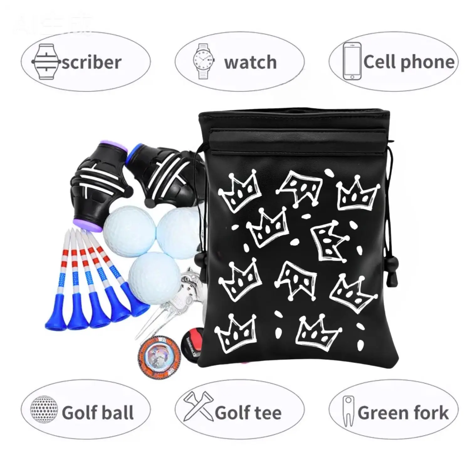 Crown Golf Valuable Item Bag, Funny Golf Valuables Pouch Golf Tee Pattern, PU Leather Golf Tee Pouch with Drawstring Closure