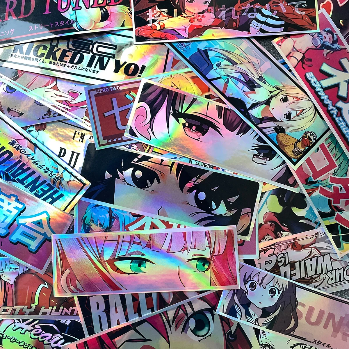 32PCS JDM Anime Girl Laser Rainbow Stickers Moto Bike Scooter Auto Body Fuel Tank Helmet Vinyl Motorcycle Stickers