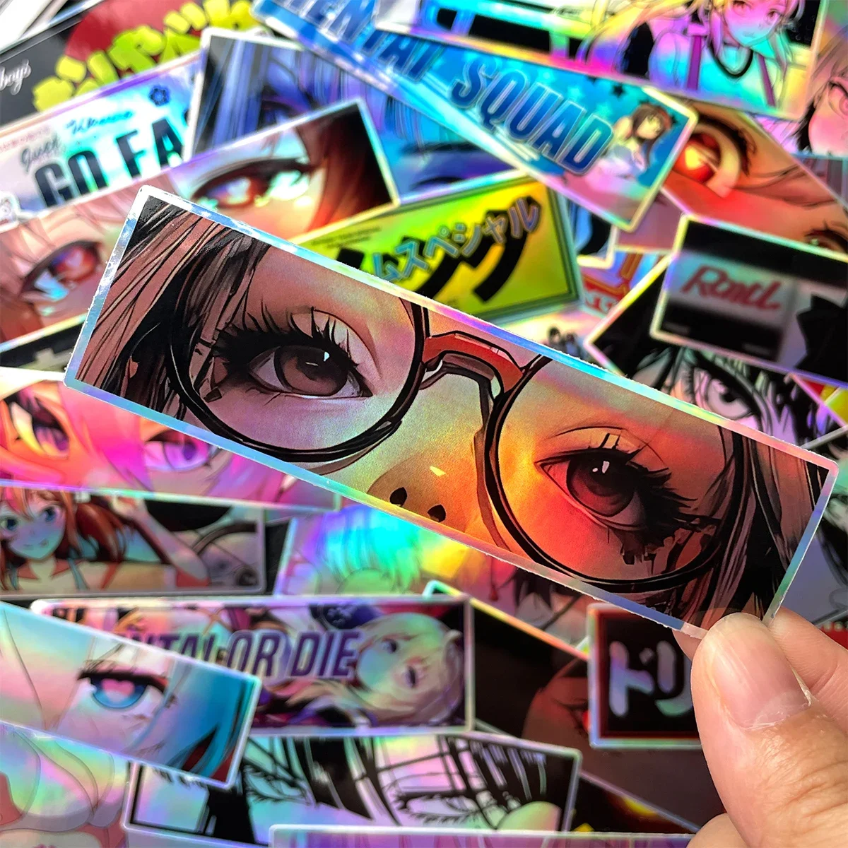 32PCS JDM Anime Girl Laser Rainbow Stickers Moto Bike Scooter Auto Body Fuel Tank Helmet Vinyl Motorcycle Stickers