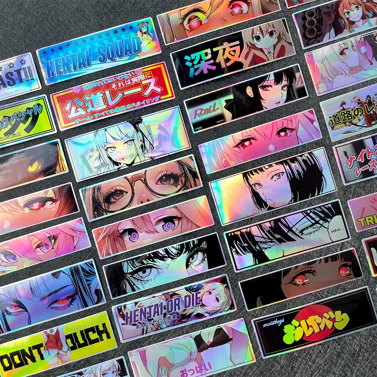 32PCS JDM Anime Girl Laser Rainbow Stickers Moto Bike Scooter Auto Body Fuel Tank Helmet Vinyl Motorcycle Stickers
