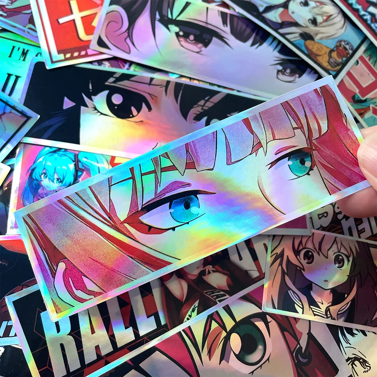 32PCS JDM Anime Girl Laser Rainbow Stickers Moto Bike Scooter Auto Body Fuel Tank Helmet Vinyl Motorcycle Stickers