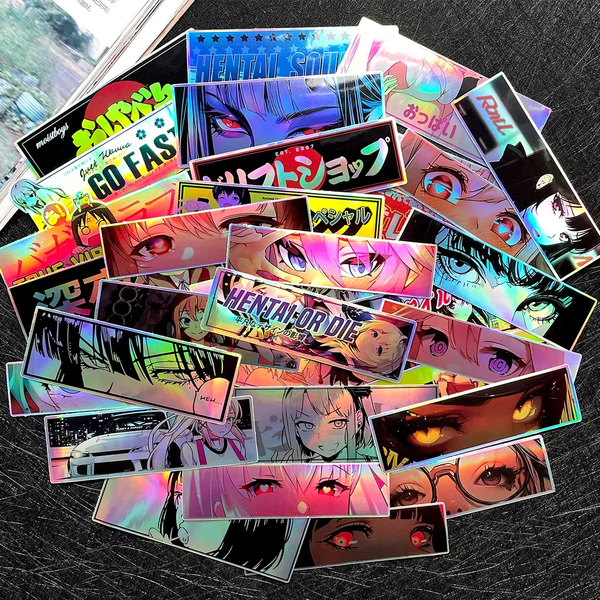 32PCS JDM Anime Girl Laser Rainbow Stickers Moto Bike Scooter Auto Body Fuel Tank Helmet Vinyl Motorcycle Stickers