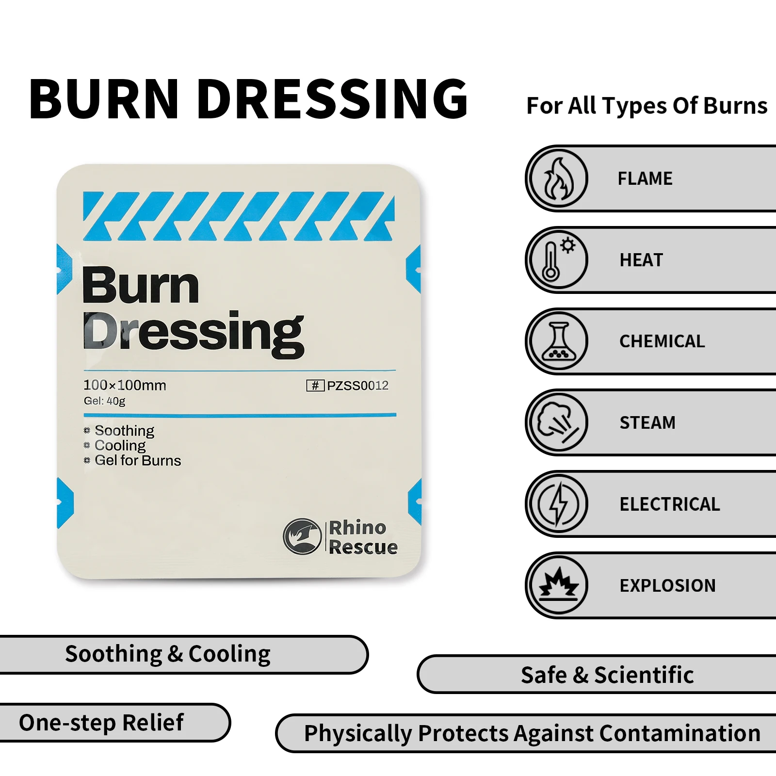 RHINO RESCUE 10x10cm Hydrogel Burn Dressing Cooling Gel Pad Soothing Wound Care IFAK Kit Emergency Outdoor Camping Safety Prep