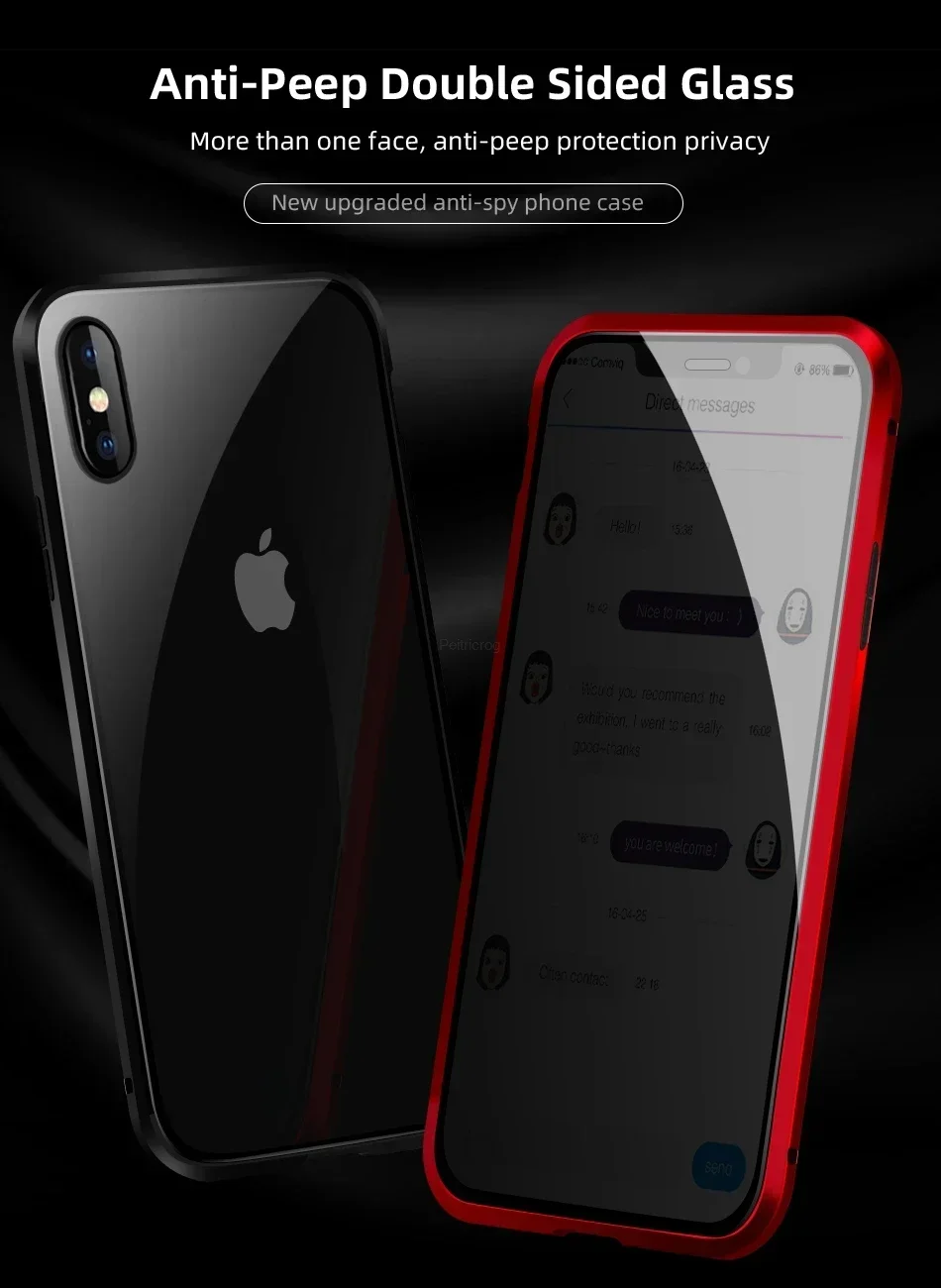 Magnetic Tempered Glass Privacy Metal Case For iphone 15 14 13 12 XR 11 Pro MAX X 7 8 6 Plus 360 Magnet Antispy Protective Cover