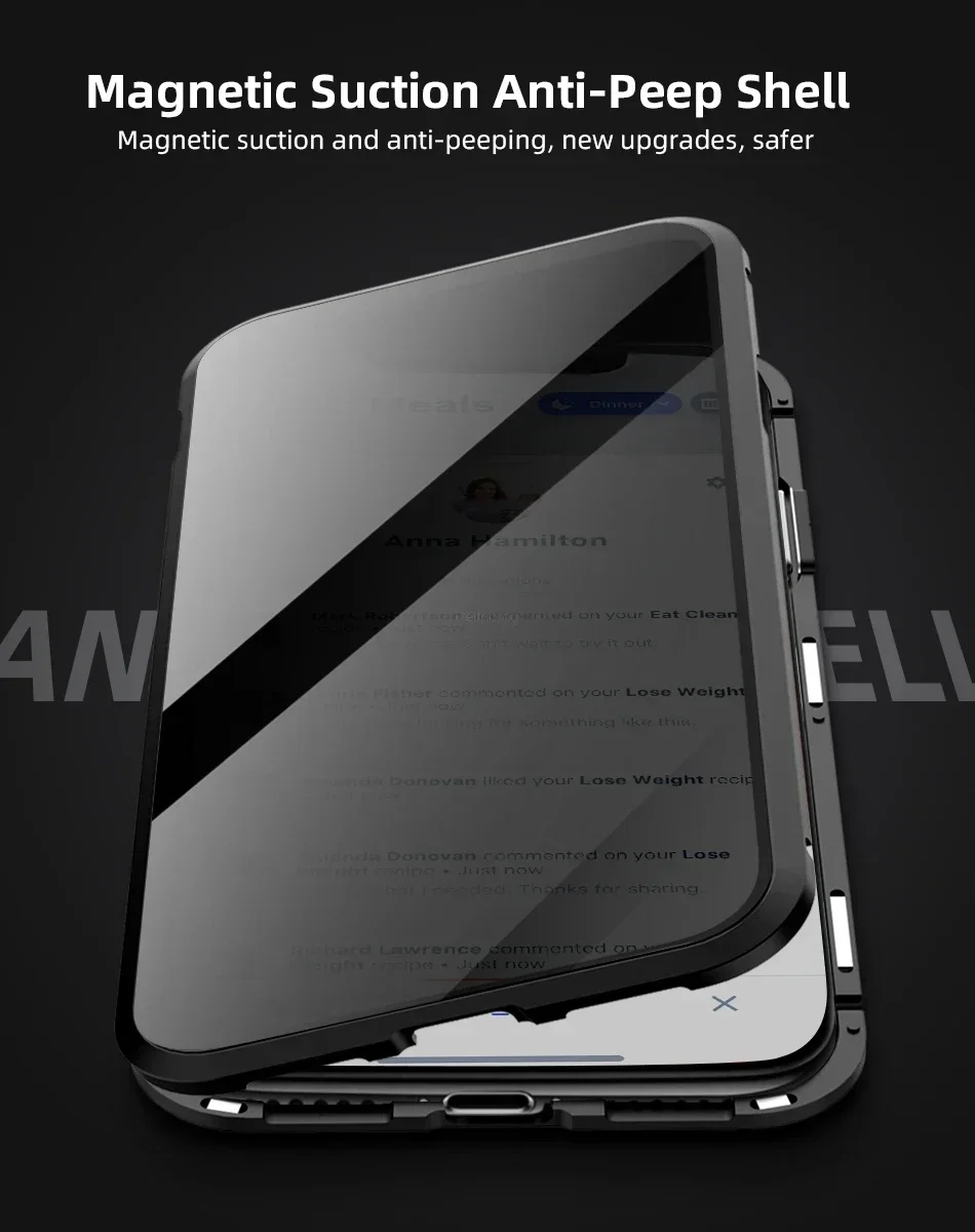 Magnetic Tempered Glass Privacy Metal Case For iphone 15 14 13 12 XR 11 Pro MAX X 7 8 6 Plus 360 Magnet Antispy Protective Cover