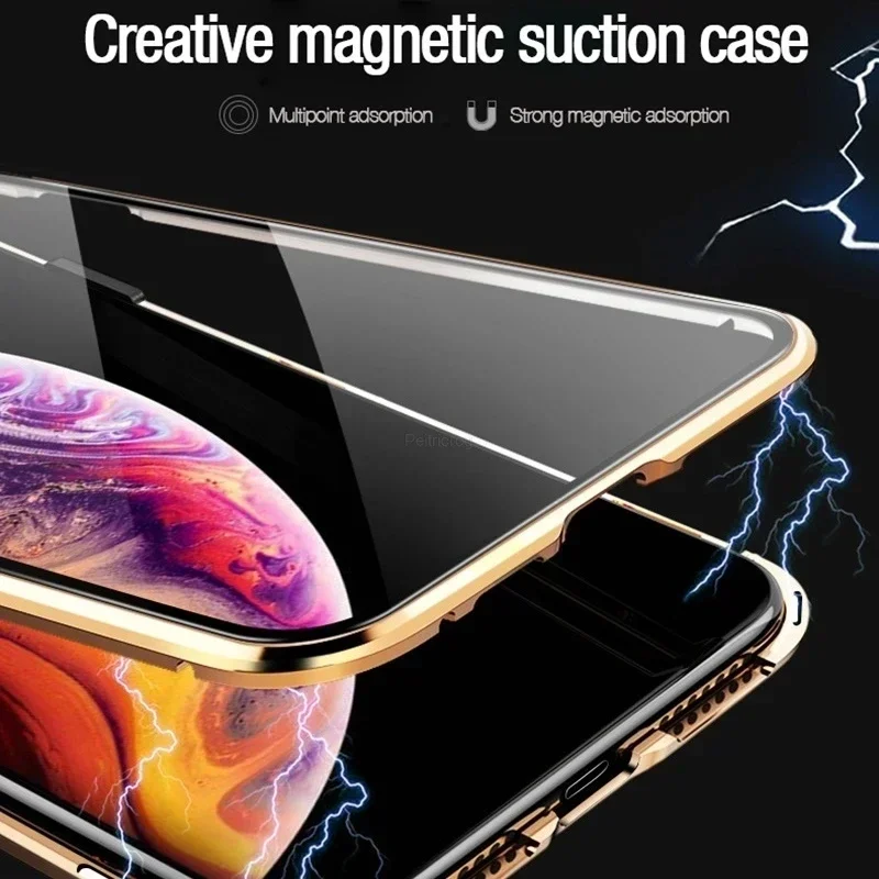 Magnetic Tempered Glass Privacy Metal Case For iphone 15 14 13 12 XR 11 Pro MAX X 7 8 6 Plus 360 Magnet Antispy Protective Cover