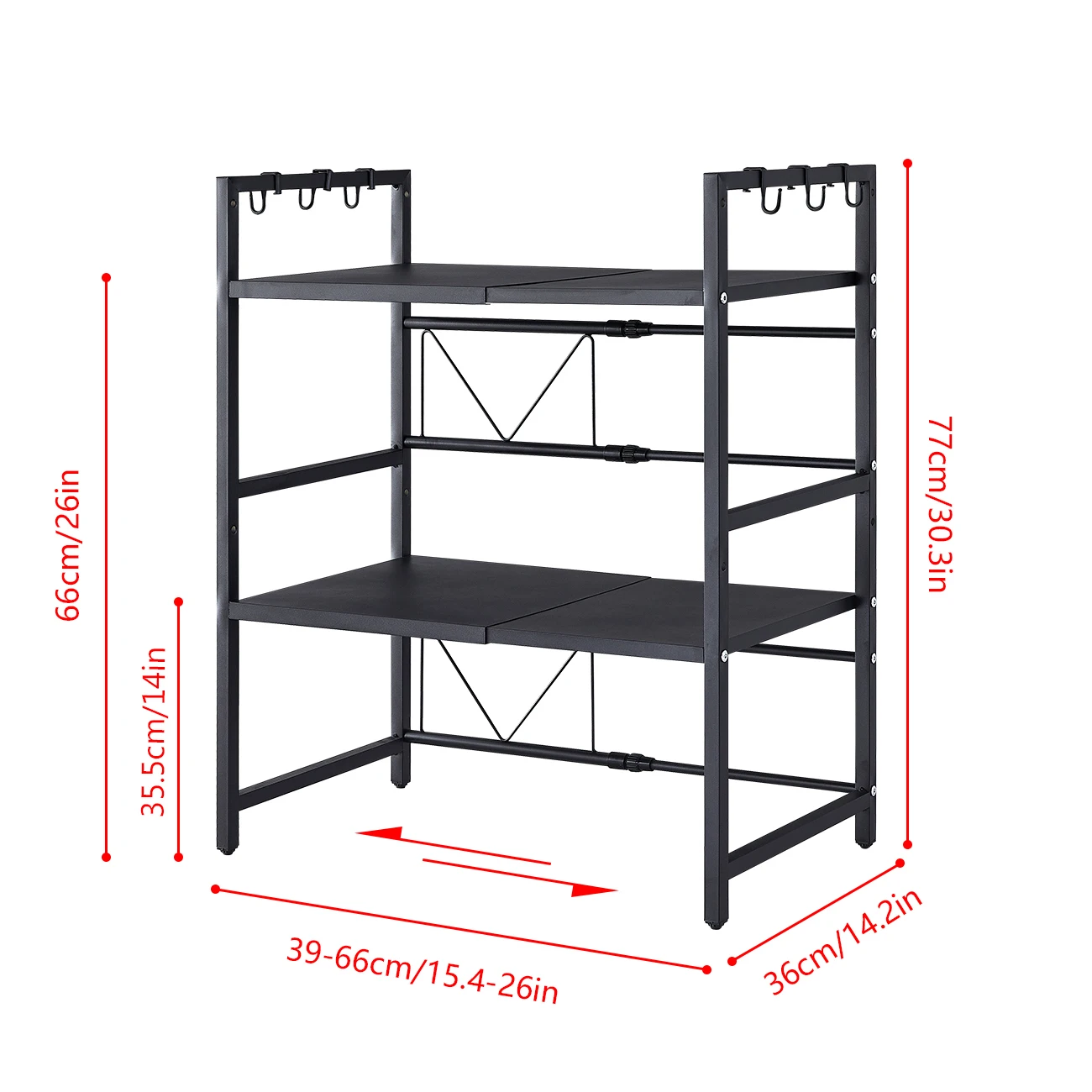 BonChoice 2/3-Tier Expandable Microwave Oven Rack Countertop for Kitchen, Microwave Shelf Stand Metal with 6 Hooks Black White