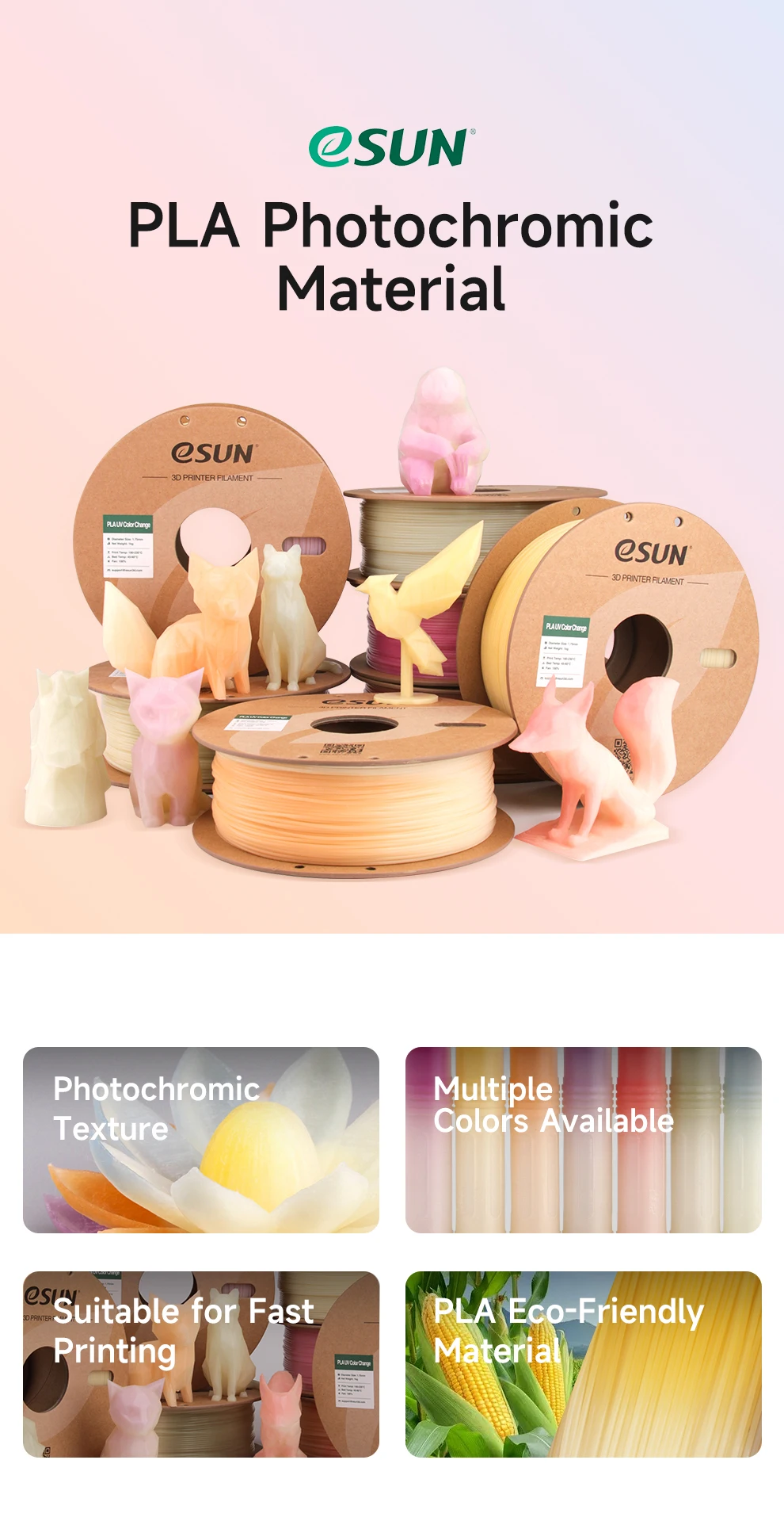ESUN Photochromic PLA 3D Filament 1.75mm 1KG UV Color Change 3D Printer Filament for Bambu Lab Fast Printing UV Photochromic PLA