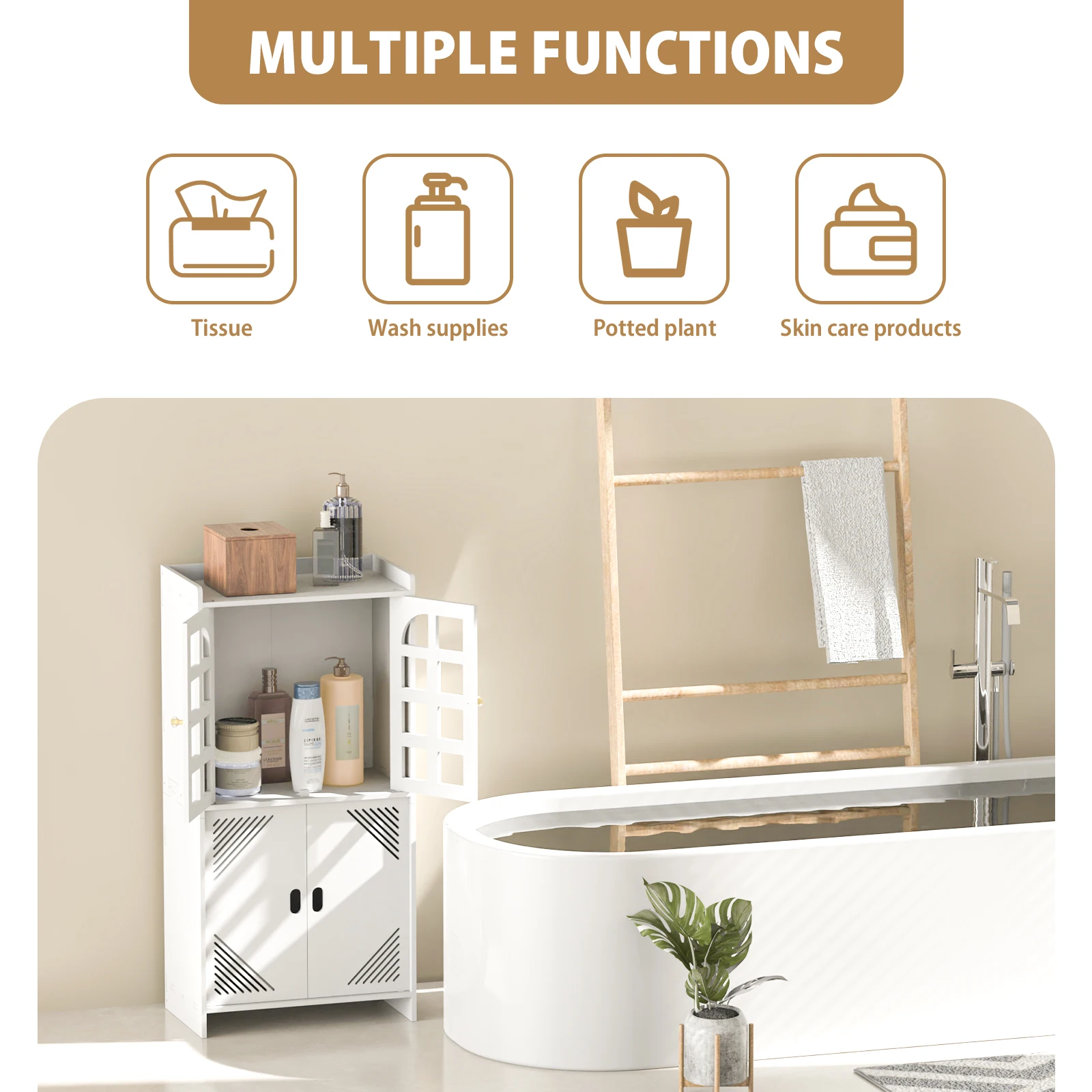3 Tier Bathroom Floor Cabinet,Storage Cabinet with Door,Free Standing Shelf Unit,for Bathroom,Kitchen,Waterproof,White