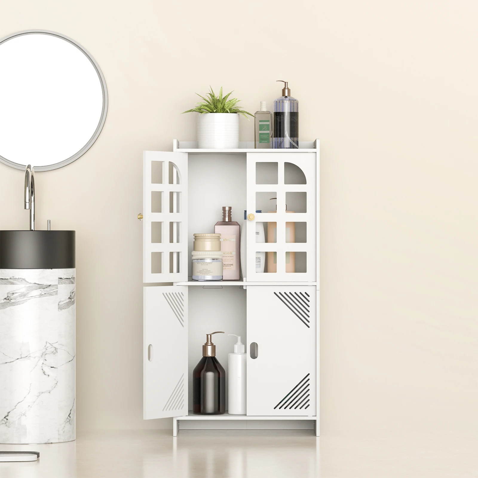 3 Tier Bathroom Floor Cabinet,Storage Cabinet with Door,Free Standing Shelf Unit,for Bathroom,Kitchen,Waterproof,White