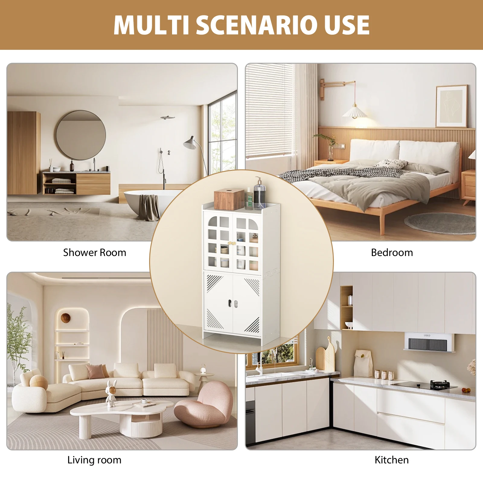 3 Tier Bathroom Floor Cabinet,Storage Cabinet with Door,Free Standing Shelf Unit,for Bathroom,Kitchen,Waterproof,White