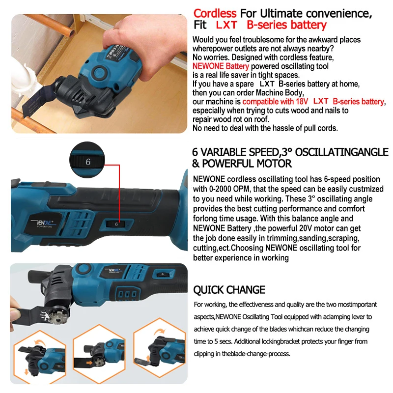 Newone 18V Cordless Brushless Quick Release Oscillating Tool Multi-Tool, Anti-Vibration, for Makita 18V Refurbished Trimmers