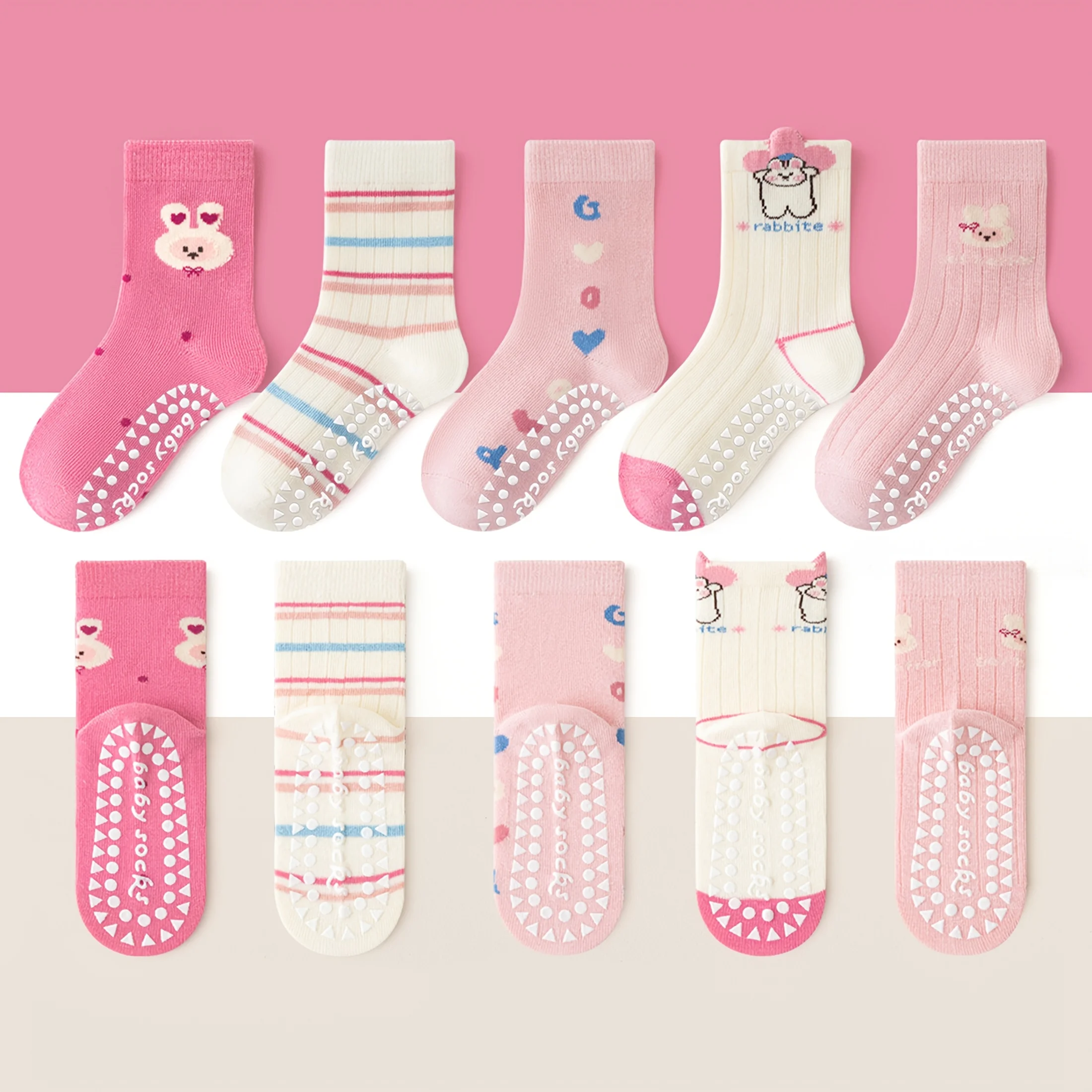 5-Pack Children's Floor Socks with 3D Bunny and Floral Patterns, Anti-Slip Dots, Soft Sole for Girls, Babies, and Toddlers, Indoor Non-Slip Striped Letter Socks, Suitable for Casual Daily Life