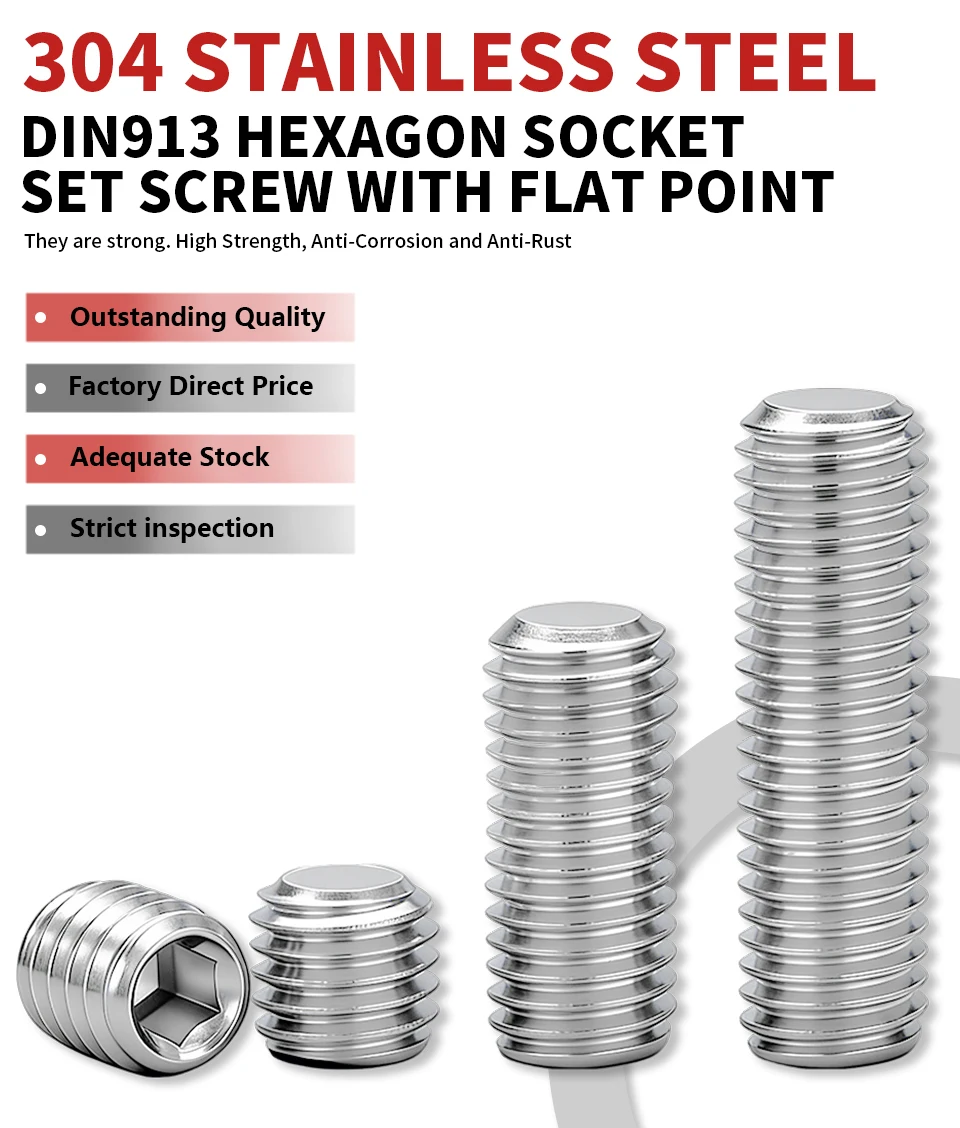 DIN913 304 Stainless Steel A2-70 Hexagon Socket Flat Point Set Screws Allen Headless Grub Screws M1.6 M2 M2.5 M3 M4 M5 M6 M8 M10