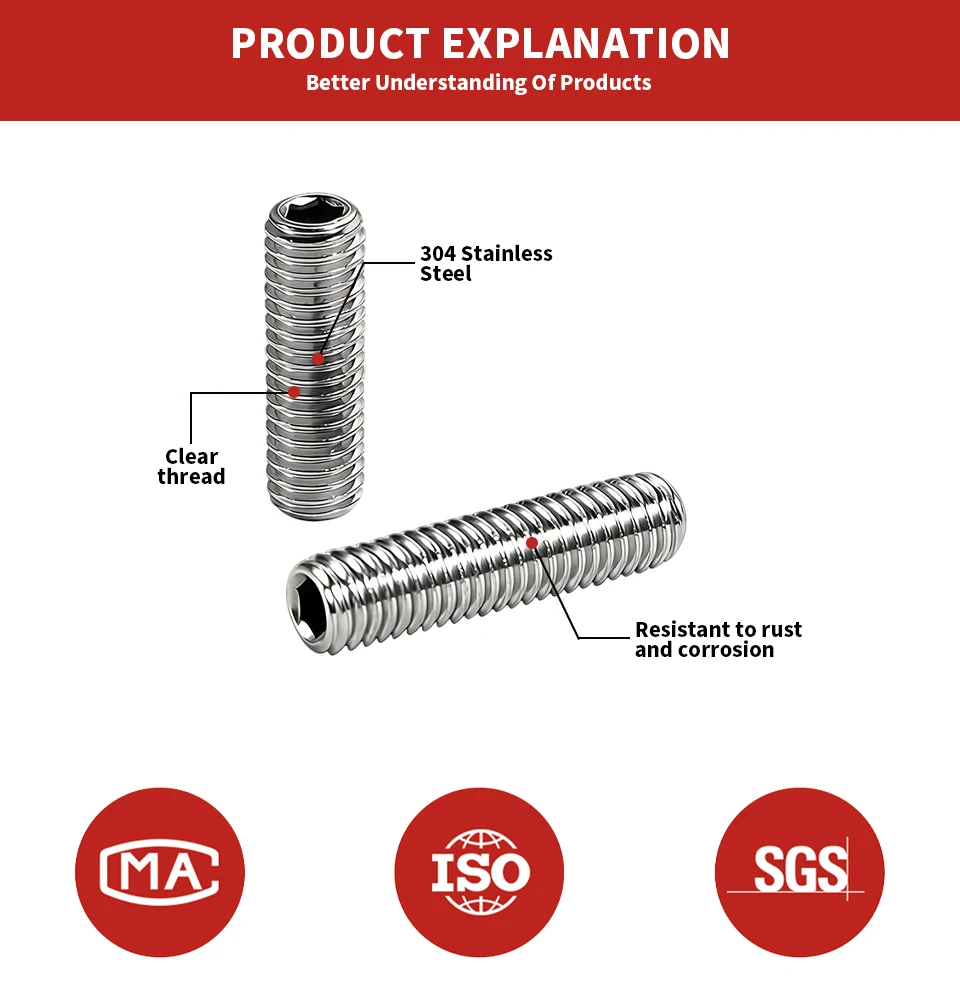 DIN913 304 Stainless Steel A2-70 Hexagon Socket Flat Point Set Screws Allen Headless Grub Screws M1.6 M2 M2.5 M3 M4 M5 M6 M8 M10