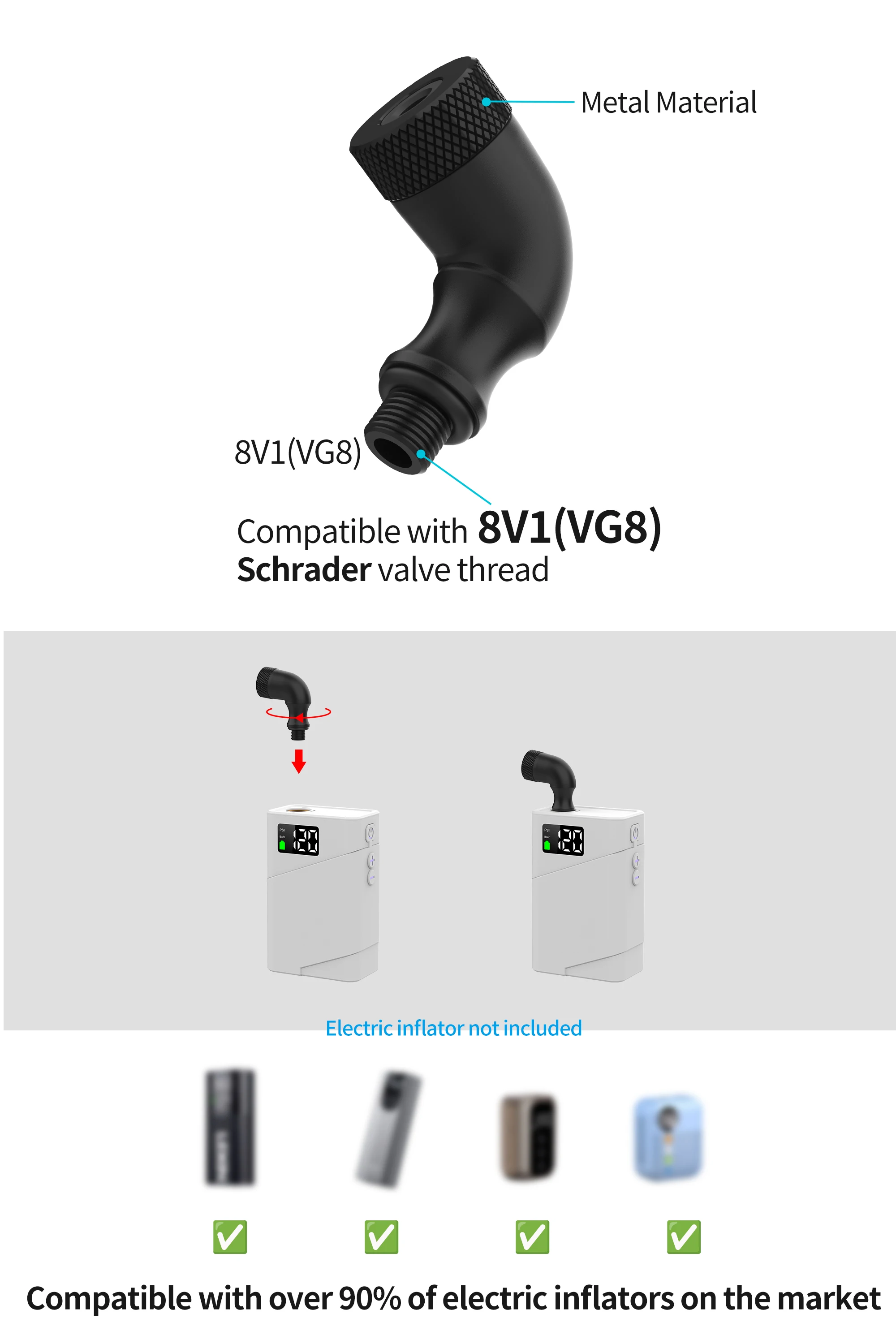 4-in-1 Universal Inflator Pump Nozzle Hose Adapter Valve Convertor for Schrader Presta Dunlop Clik Valve Fits MTB & Road Bike