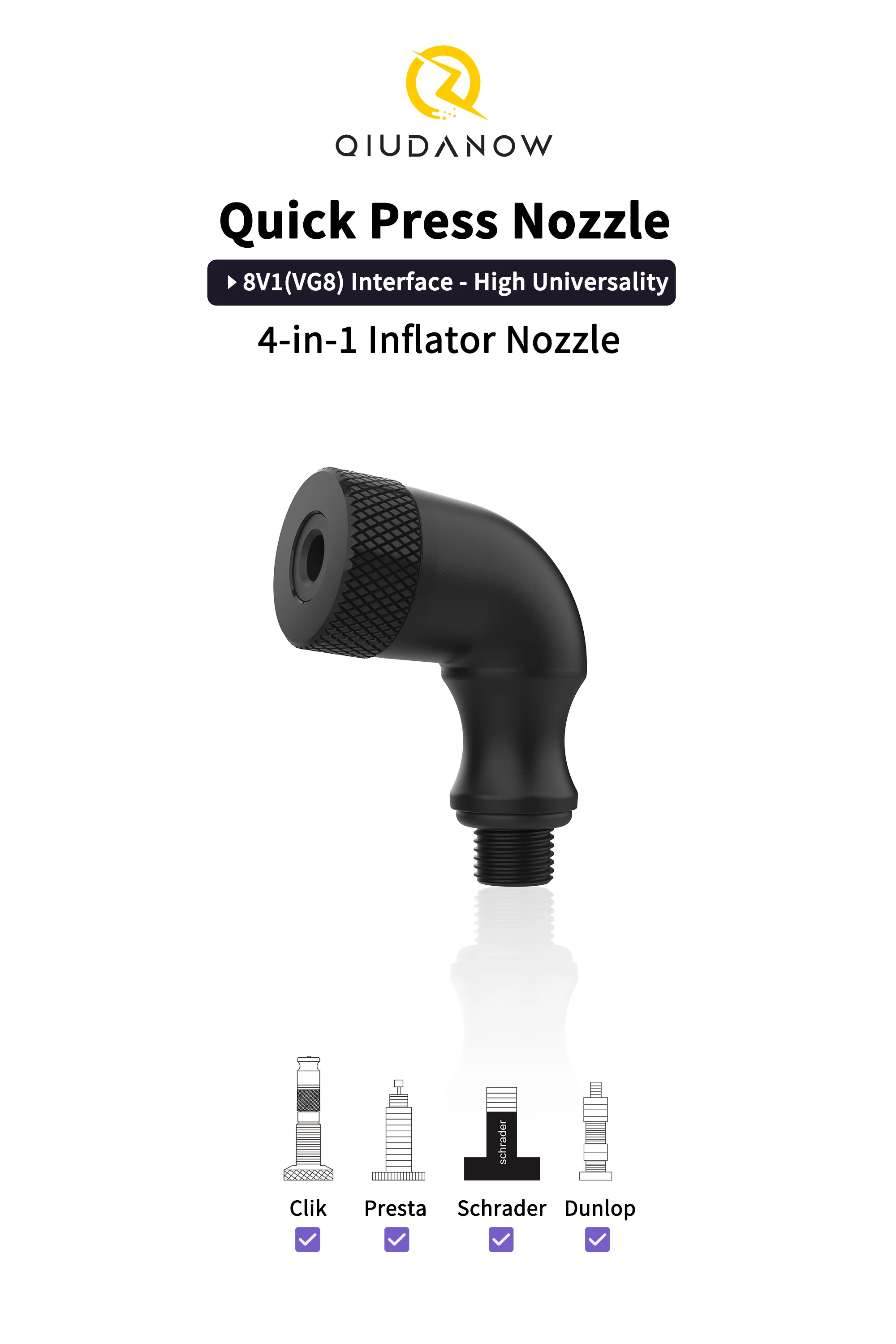 4-in-1 Universal Inflator Pump Nozzle Hose Adapter Valve Convertor for Schrader Presta Dunlop Clik Valve Fits MTB & Road Bike